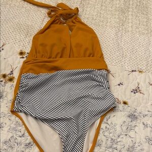 Kids Swim Halter One-Piece Swimsuit - Orange and Black Stripes